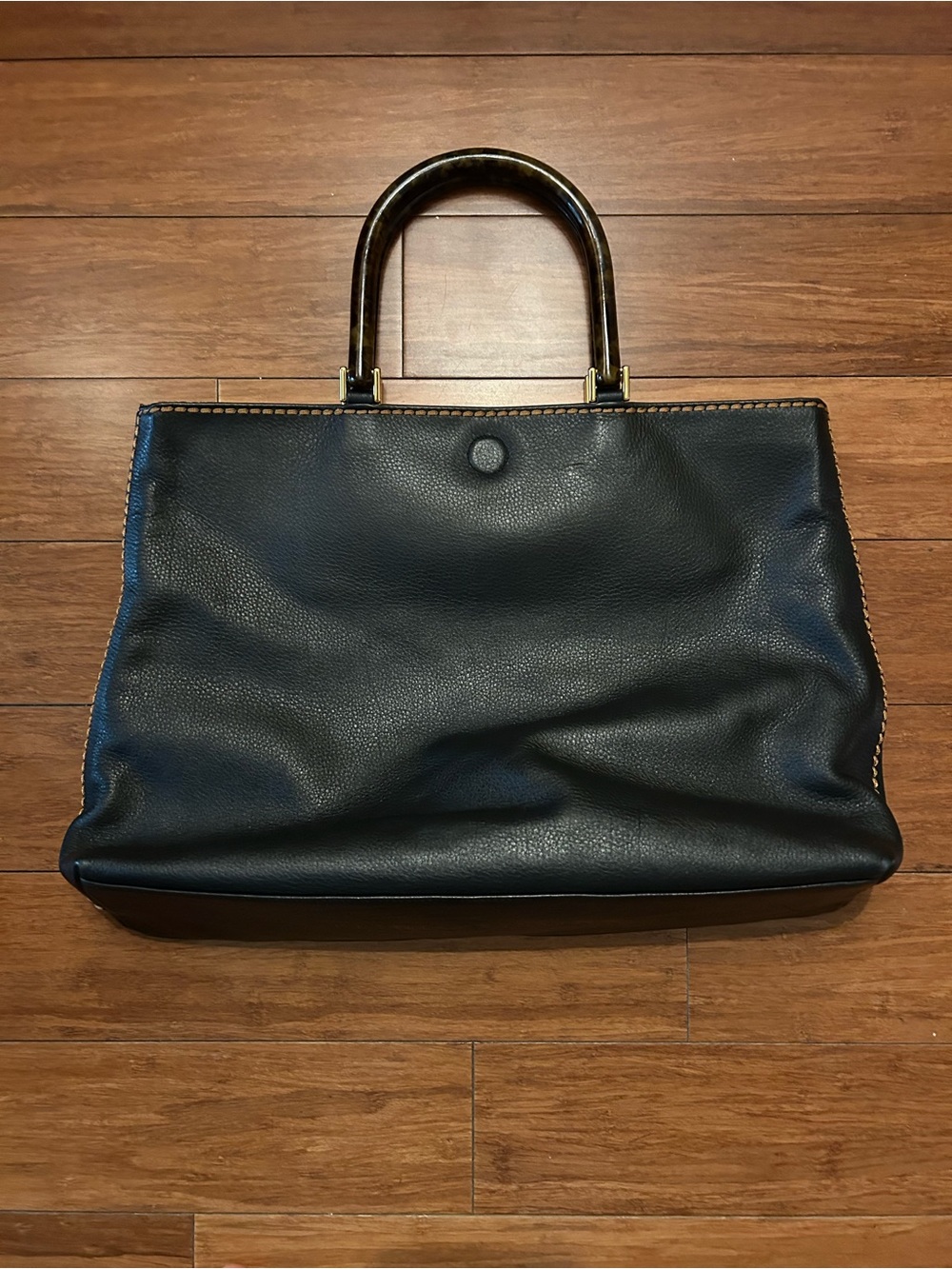 Classic Black Leather Tote with Tortoiseshell Handle